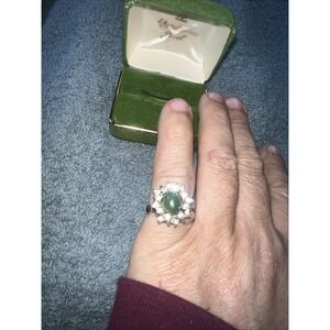 Uncas Ring Jade Cabochon CZ Cluster Cocktail Silver Plate Sz 7 Signed Vintage A2